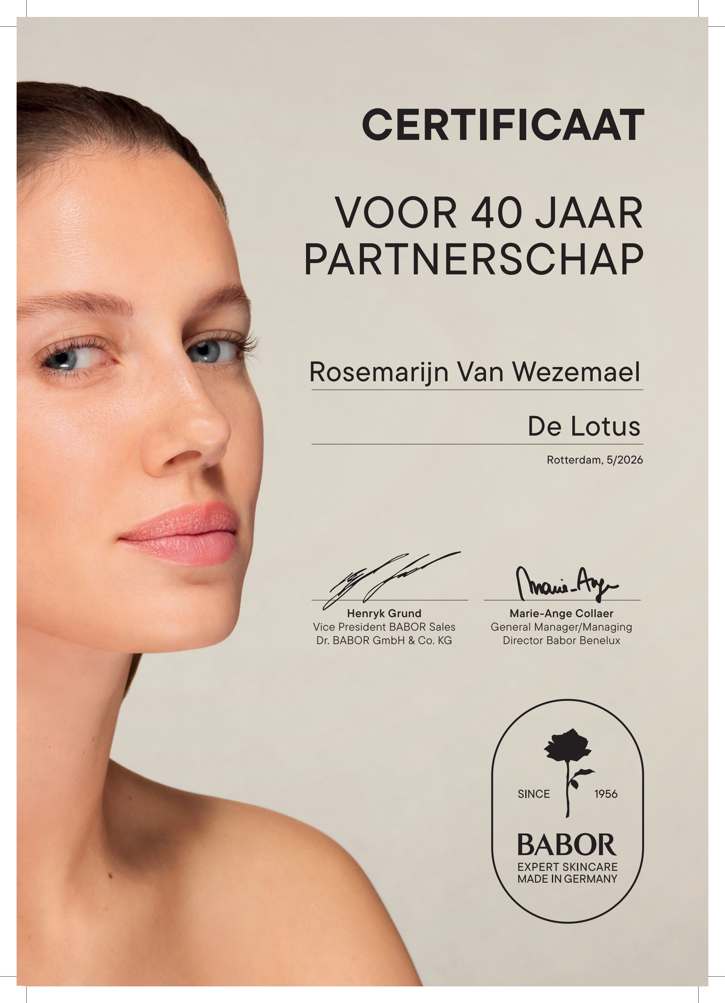 Officieel BABOR certificaat voor 40 jaar partnerschap met De Lotus, ondertekend door Henryk Grund en Marie-Ange Collaer